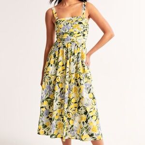 Abercrombie & Fitch Linen Emerson Wide Strap Midi Dress in Lemon Print